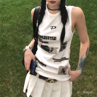 蘑菇頭小屋-2024新款夏美式複古背心女夏季幻影印花無袖T恤針織弔帶寬鬆運動bf風上衣ins