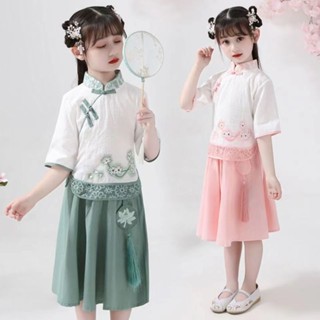 |Angel·佳品| 台灣發貨 漢服兒童女小孩子女公主古裝兒童裙子夏季中國風唐裝兩件套旗袍裙