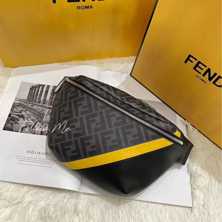 『二手精品』FENDI 芬迪老花logo FF图案 帆布拼皮 腰包 胸包 单肩 斜挎包 黑色 黄色7VA434