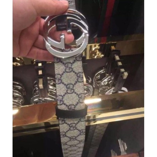 二手 Gucci 雙G 銀頭 壓花 皮帶 PVC 114984