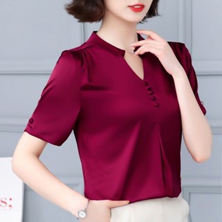 高檔襯衫女短袖2022新款夏裝純色V領緞麵小衫寬鬆大碼洋氣上衣女LEKX