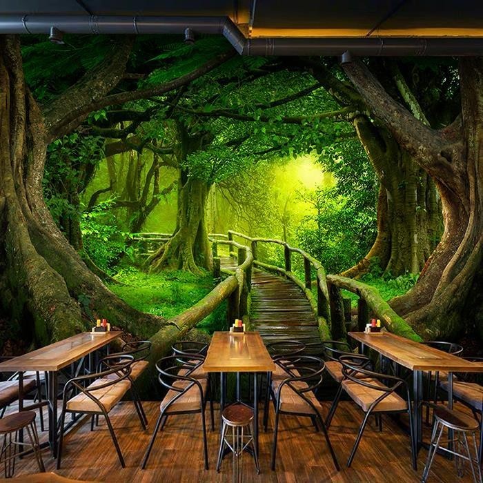 客廳牆壁裝飾 樹林壁紙 背景佈 風景壁紙 3d立體大自然原始森林風景壁紙壁畵酒吧餐廳飯店臥室客廳背景墻紙