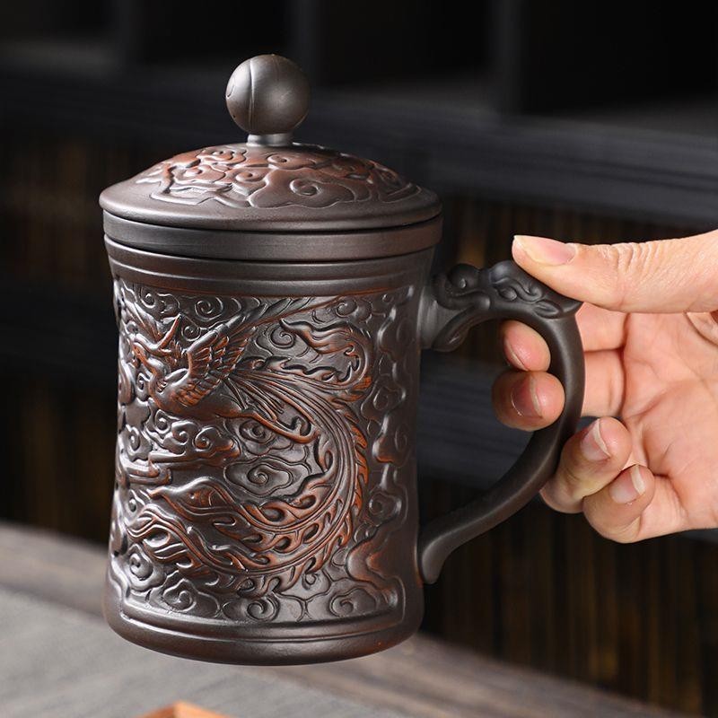 【紫砂壺】紫砂茶杯大容量帶蓋茶水分離辦公室馬克杯龍圖案水杯有蓋茶杯個人正貨