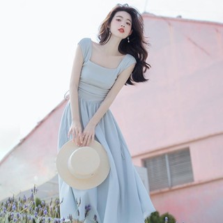 茶歇法式 藍色針織 小眾設計 夏天氣質女裝洋裝 夏天長裙子質感 高級感