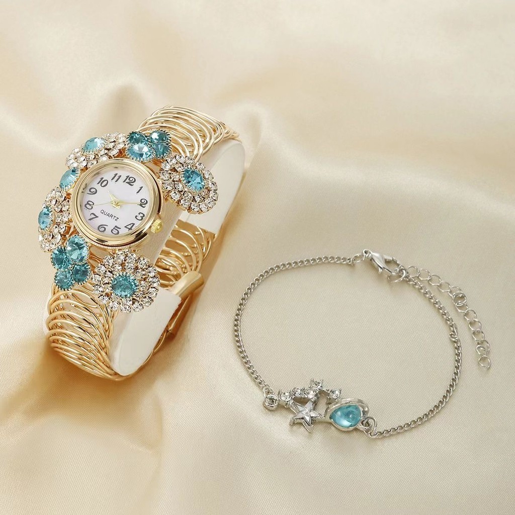 手錶 女士手錶 石英錶🎀波西米亞萊茵石鑲鉆滿天星氣質女款手鐲錶時尚輕奢石英腕錶