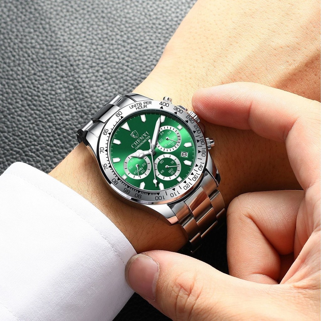 美式多功能三眼六針男士實心鋼帶手錶防水夜光日厤綠水鬼石英腕錶
