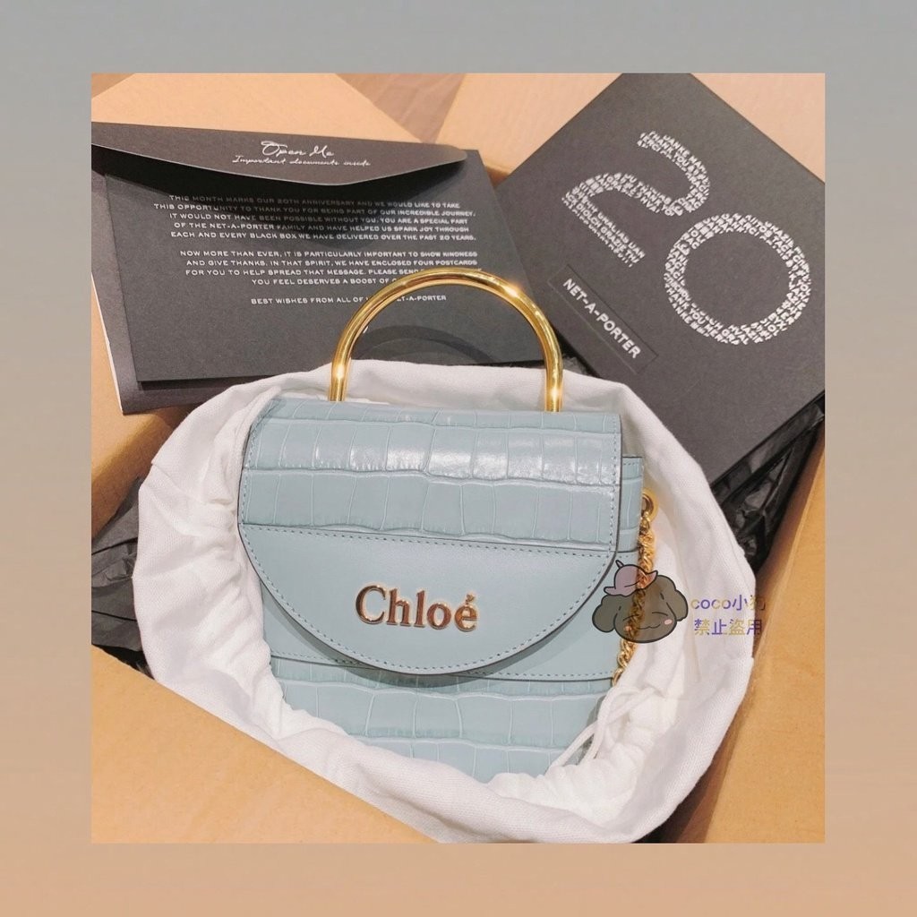 二手精品 CHLOÉ 蔻依 ABY LOCK 鱷魚紋 光面小牛皮 鏈條包 小號 淡藍色 手提包