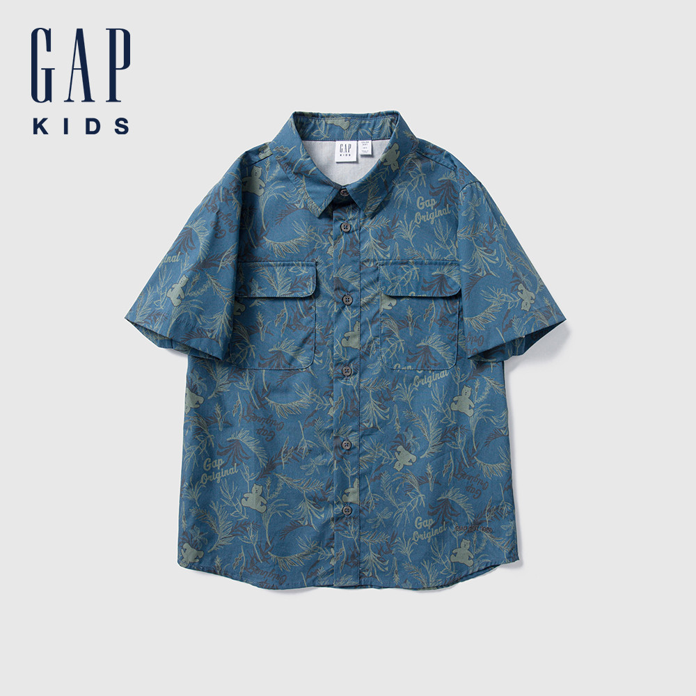 Gap 男童裝 Logo純棉小熊印花翻領短袖襯衫-藍色(890513)