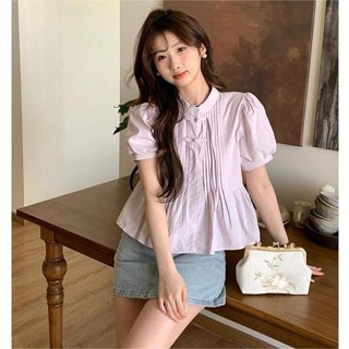 娃娃裝上衣🎀 新中式國風盤扣泡泡袖襯衫女裝夏季設計感壓褶娃娃衫顯瘦別致上衣