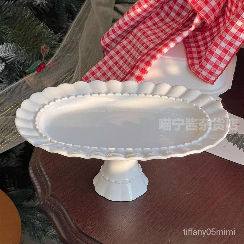 法式花邊陶瓷高腳蛋糕盤ins風橢圓形下午茶甜品點心盤精緻展示盤
