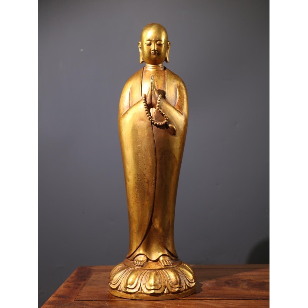 銅鎏金佛像手持佛珠地藏王菩薩全像一尊居家恭請供奉佛像擺件 神像擺件-1560