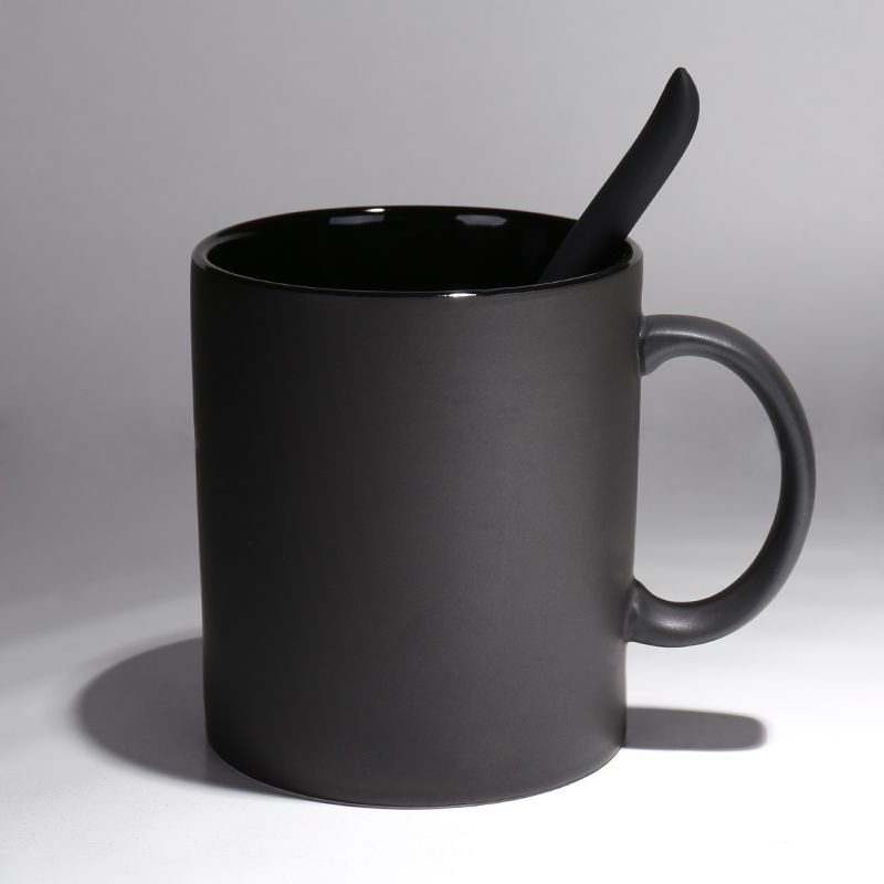 WUNI歐式創意黑色啞光大容量馬克杯子磨砂簡約咖啡杯帶勺陶瓷水杯