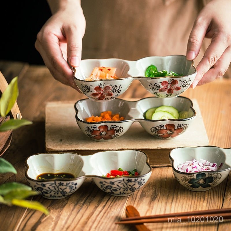 🌟好物推薦🌟日式和風6寸雙格碟 陶瓷兩格碗調料碟火鍋料理碟醬油碟蘸料碟餐具