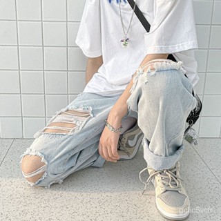 褲子男 夏天褲子 寬鬆長褲 破洞褲 牛仔褲男 薄款牛仔褲 乞丐褲 九分褲 男褲 長褲男 破褲 韓版牛仔褲 大尺碼褲子男
