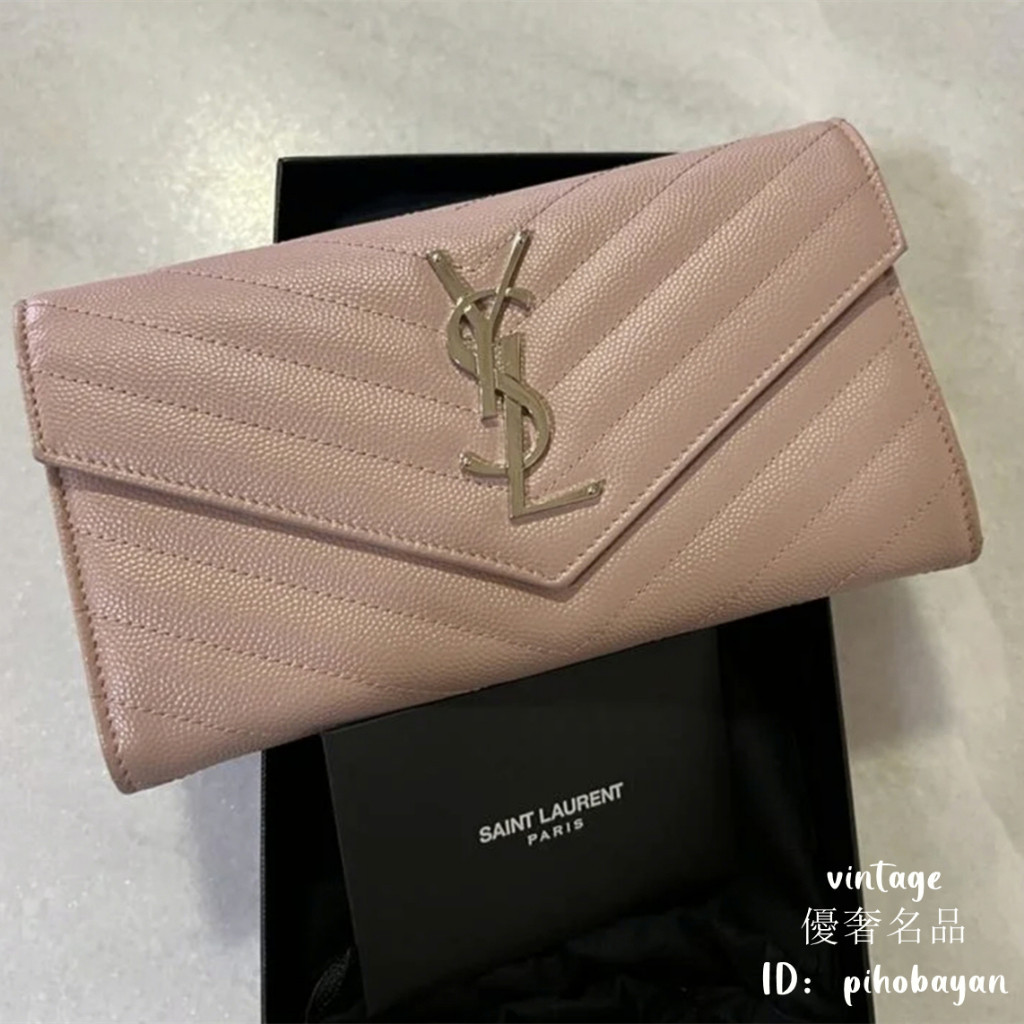 YSL 聖羅蘭 372264 Monogram 粒面壓花 粉色 信封錢包 翻蓋長夾 皮夾