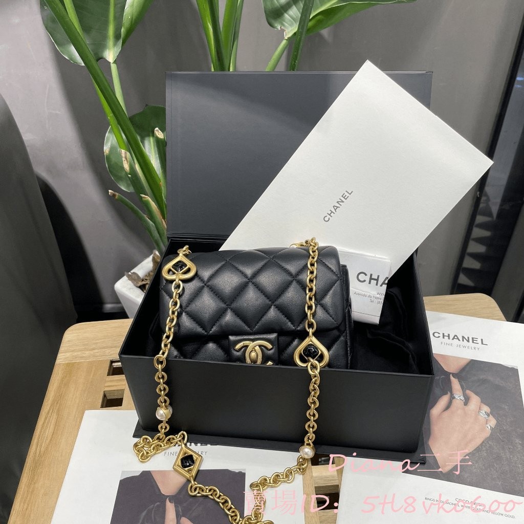 二手精品 CHANEL 香奈兒 23S新款 黑色小羊皮 愛心珍珠琺瑯 方胖子 鏈條包 單肩包 斜挎包 AS1786