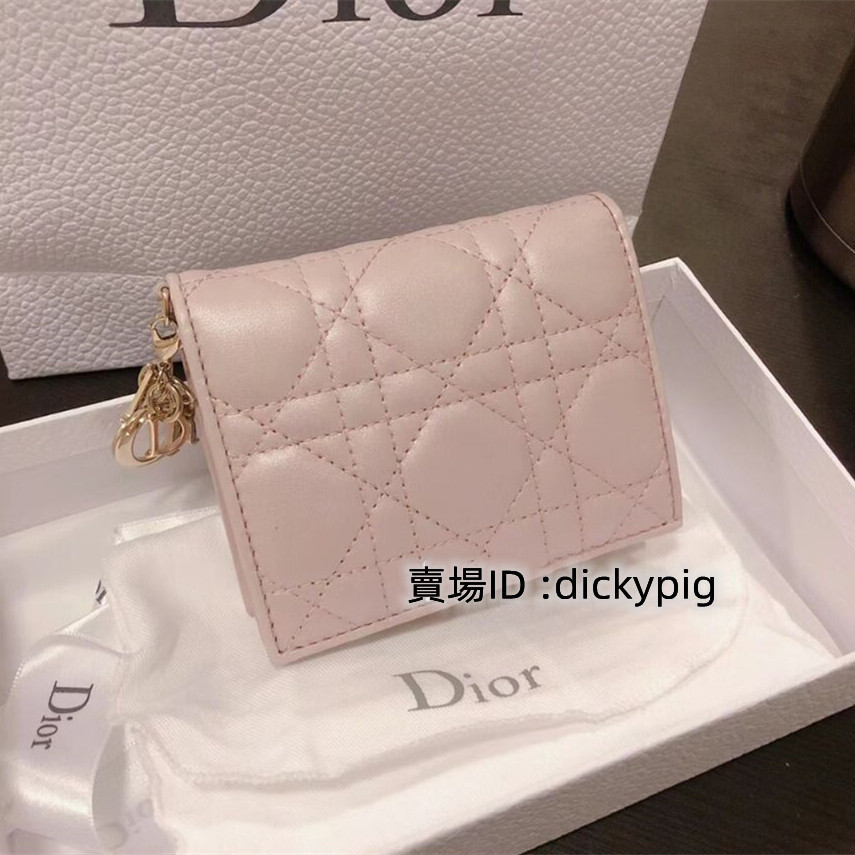 二手 Dior 迪奧 Lady 黑色/粉色 藤格紋 羊皮革 迷你 對折短夾 錢包 零錢包 S0178ONMJ