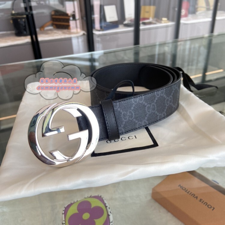 （精品二手）GUCCI 古馳 PVC帆布雙G印花 男士皮帶/腰帶411924