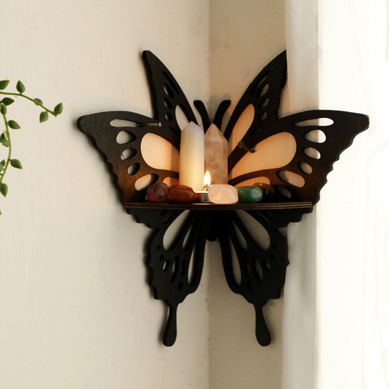 新款黑色木質小蝴蝶款式鏤空水晶收納置物架簡約民宿家居墻壁裝飾 牆壁臥室房間 創意餐廳室內牆飾