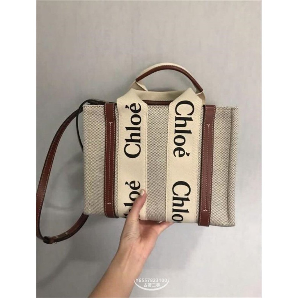 二手便宜出 CHLOé CHLOE WOODY TOTE 小號 帆布包 背帶 手提包