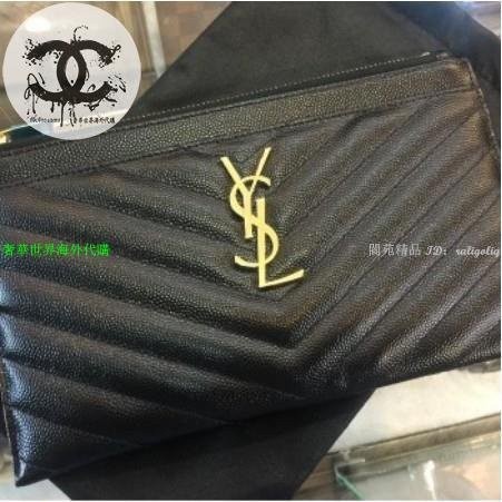 二手精品 Saint Laurent YSL經典款504922黑色荔枝皮牛皮金字 LOGO 拉鍊扁式手拿包 長夾