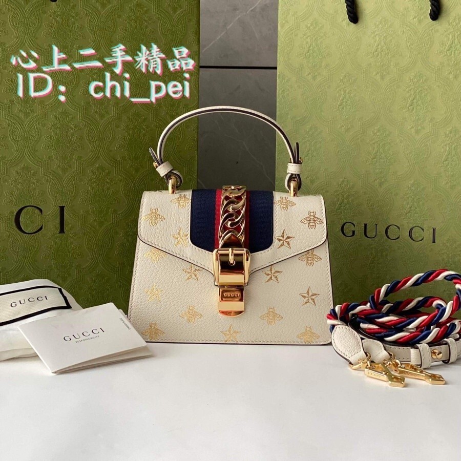 二手 GUCCI 古馳 470270 白色 Sylvie 系列皮革迷你手袋 手提包 單肩包 蜜蜂系列 牛皮