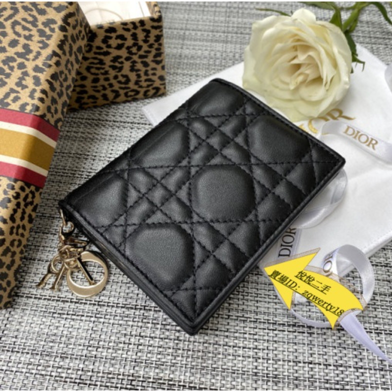 Dior 迪奧 Lady 黑色 短夾 卡包 零錢包 藤格紋 羊皮革 迷你 對折 錢包 皮夾