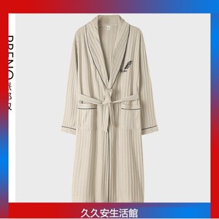 睡袍 綁帶浴袍 珊瑚絨睡袍 浴袍 連身睡衣 情侶浴袍 溫泉游泳浴衣睡衣男棉質秋冬中款高質量簡約睡袍V領綁帶舒適純色家居服