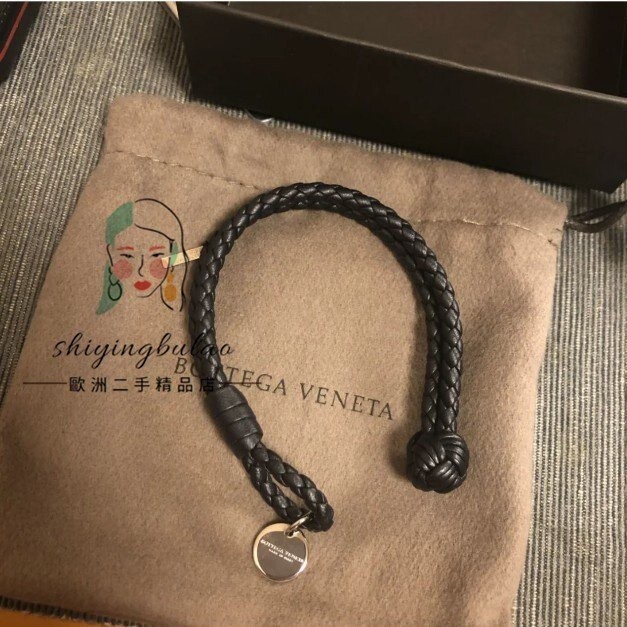 二手精品-Bottega Veneta (BV) 編織 雙圈手環 皮手鏈S號 黑色 男士 女士