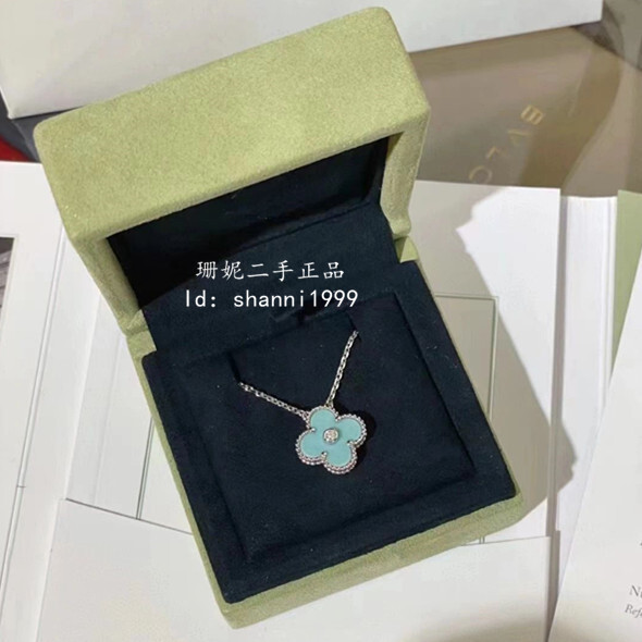 珊妮二手Van Cleef &amp; Arpels 梵克雅寶 聖誕限量款 白K金 陶瓷藍 鑽石項鏈 四葉草項鏈 女生吊墜 現貨