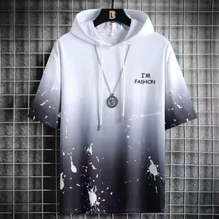 漸變色男裝帽T|大尺碼40-100公斤男裝上衣|短袖韓版潮流帥氣連帽衛衣漸變色男裝學生ins寬鬆潮牌上衣服
