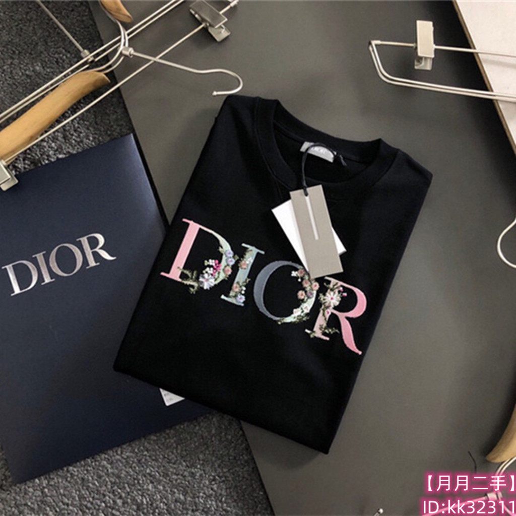 二手精品 DIOR 迪奧 黑色/白色 Dior Flowers 棉質T恤 羅文圓領短袖