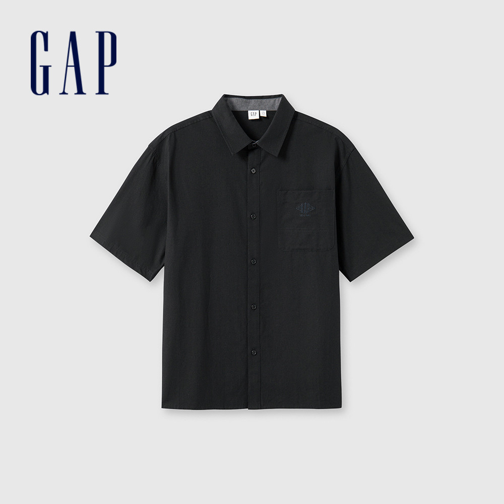 Gap 男裝 Logo純棉翻領短袖襯衫-黑色(461256)