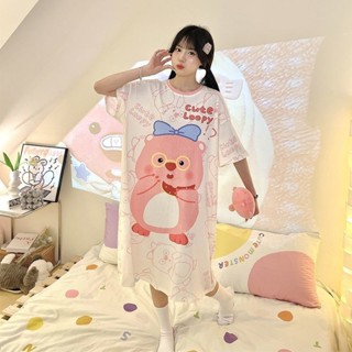 甜美睡裙🎀LOOPY睡裙少女夏季短袖大碼睡衣海貍露比過膝中長款學生家居服裙 寬鬆睡衣 大尺碼睡衣