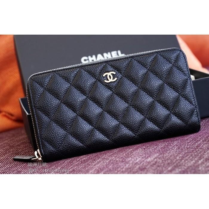 法國代購 Chanel A82370 Zip Wallet 荔枝紋 拉鍊長夾 黑色金 CC