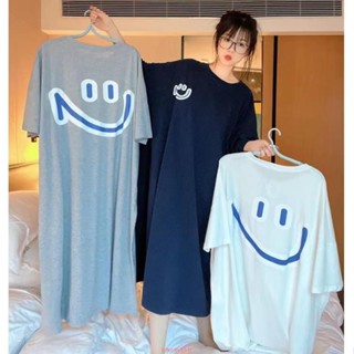 【新貨熱賣】韓版大笑臉長款短袖睡裙女夏季大碼連衣裙寬松胖MM睡衣甜美家居服大碼睡裙加大睡衣大尺碼