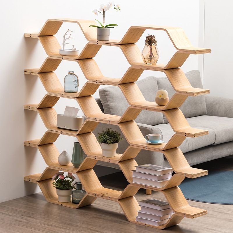 竹庭書架落地收納置物架墻壁隔斷實木兒童書櫃蜂巢創意省空間書架