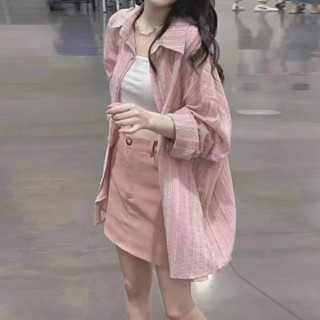Roes~粉色條紋 襯衫外套 設計感慵懶 休閒風開衫上衣