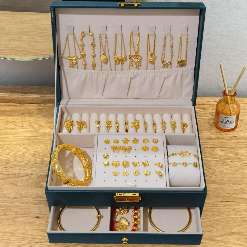 現+免運🚀首飾收納盒放黃金的 首飾盒 抗氧化 珠寶 手飾品耳環三金五金收納盒帶鎖 高檔 精緻