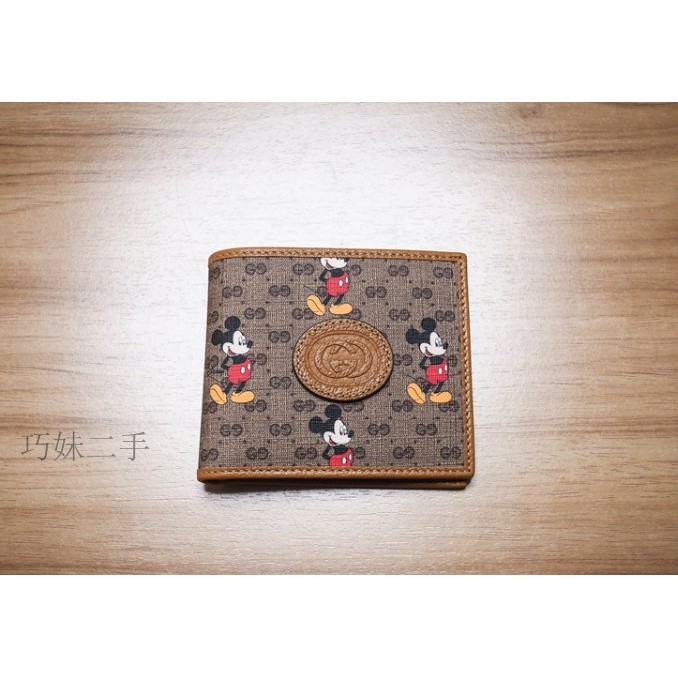 二手精品 Gucci Disney 迪士尼 米奇 滿Logo 短款 對折 皮夾 短夾 錢包