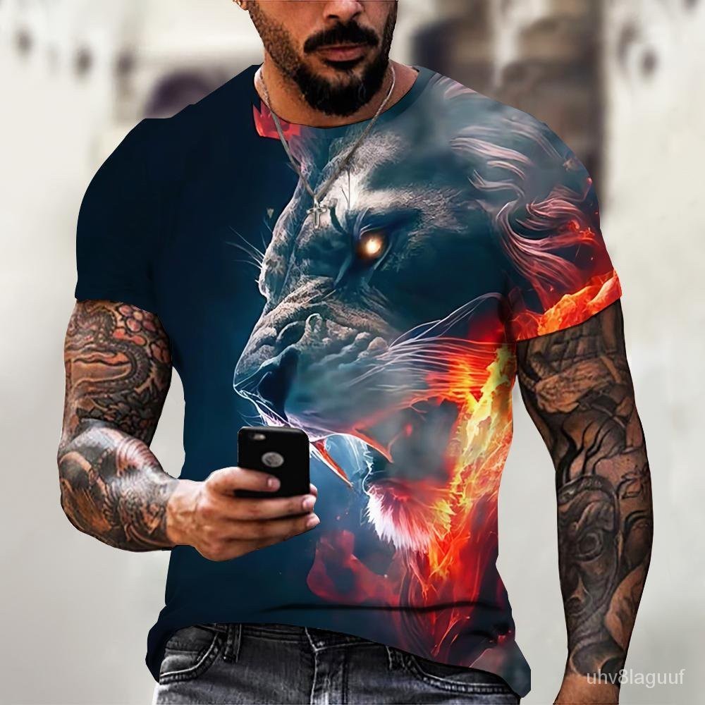 2024外貿夏季熱賣霸氣獅子頭3D印花短袖男生個性時尚圓領T恤衫