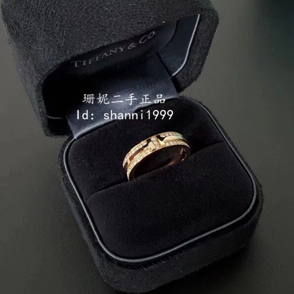 珊妮二手 TIFFANY &amp; Co. 蒂芙尼 T系列 滿鑽戒指 窄版戒指 18K玫瑰金 女士戒指 對戒 情侶款 現貨
