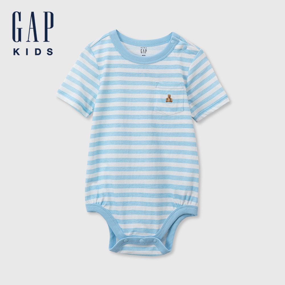 Gap 嬰兒裝 純棉小熊刺繡短袖包屁衣-藍色(505565)