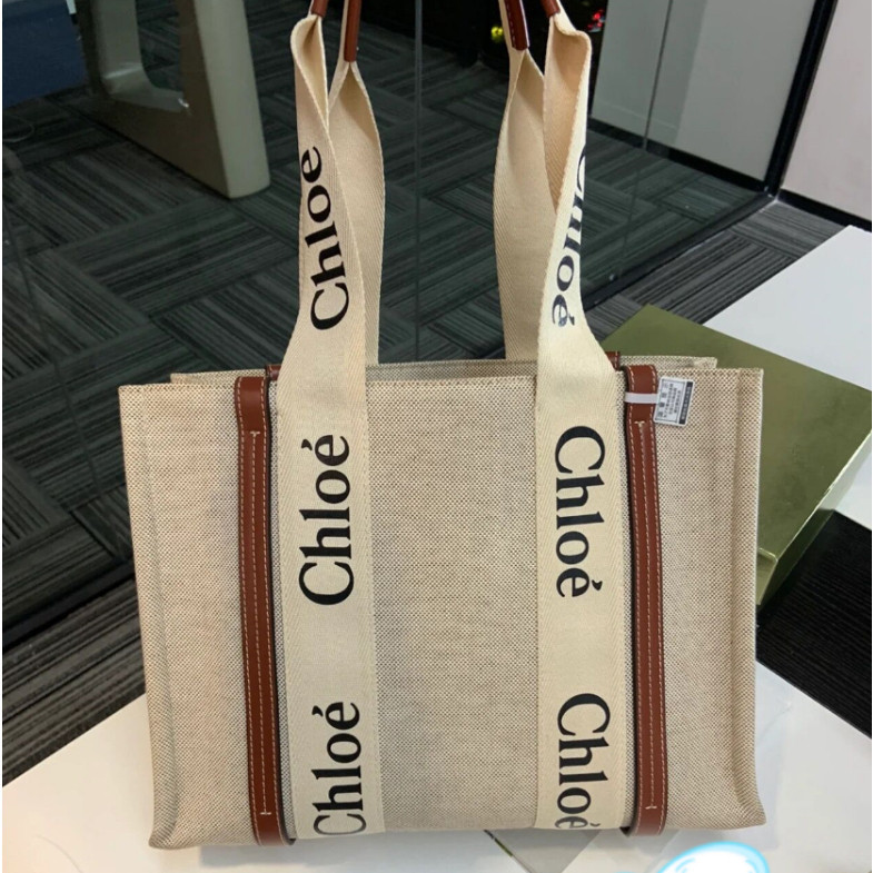 Chloe 蔻依Woody tote 拼接 帆布包 托特包 肩背包 手提包 購物袋