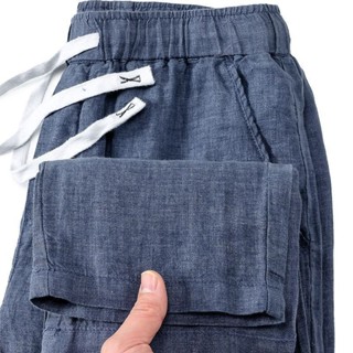 男裝夏季薄款純色簡約休閒褲男士100%純棉麻透氣鬆緊腰新款長褲