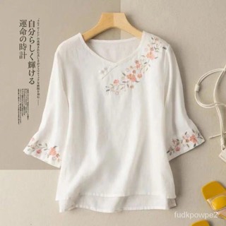 🌟臺灣發貨 唐裝女 棉麻 漢服上衣 七分袖 刺繡盤扣 中國風上衣 文藝複古襯衫女 夏季 寬鬆 大碼純棉上衣 漢服 古裝