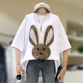 免運 M-5XL 大尺碼 韓式純棉100%夏季新款設計感潮牌兔子短袖T恤女寬鬆休閒上衣ins3773