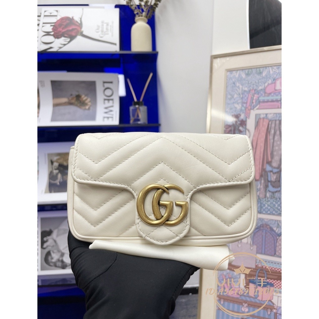 現貨二手 GUCCI 古馳 GG Marmont系列絎縫皮革 迷你鏈條包 白色WOC 肩背包 斜挎包 476433