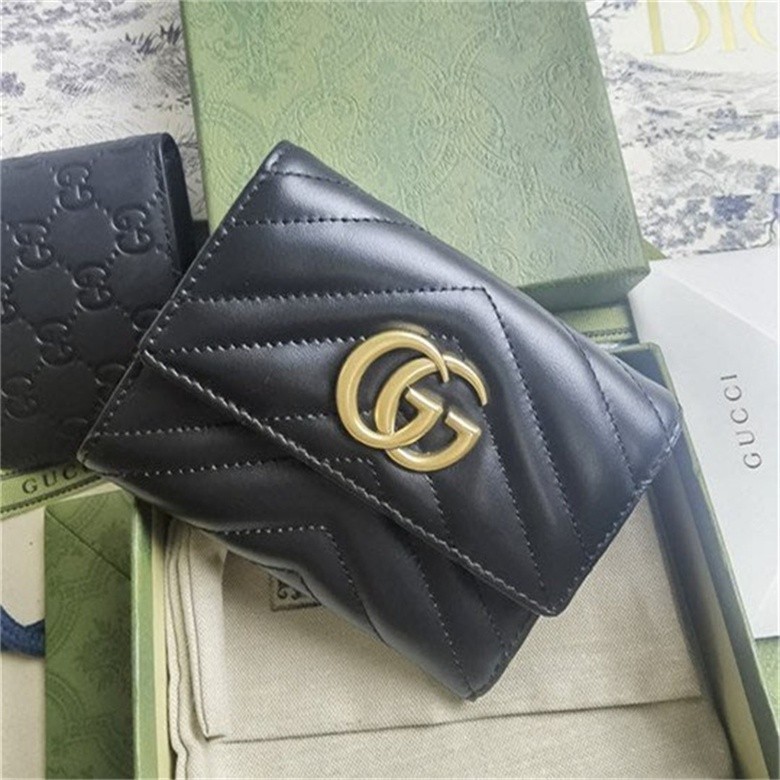 巴黎二手 GUCCI 古馳 GG Marmont Wallet 黑色絎縫三折短夾 錢包 皮夾 卡夾 手拿包 474802