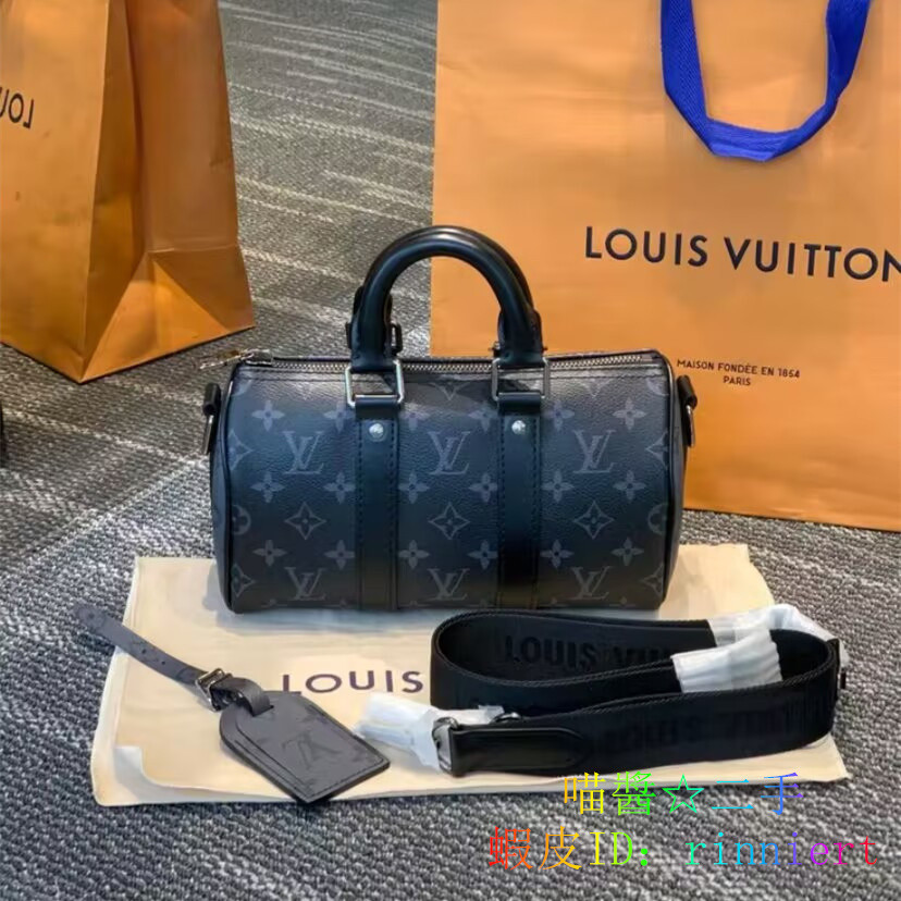 LV 路易威登 Keepall 經典老花 帆布拼牛皮 手提包 單肩包 斜挎包 M45936 男款 黑灰色